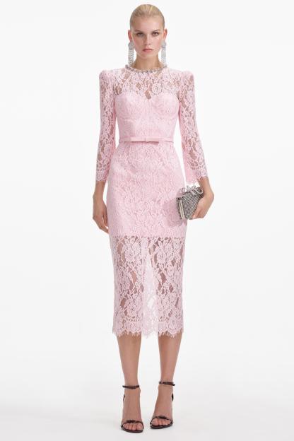 Lace Rhinestone Midi Dress With Belt