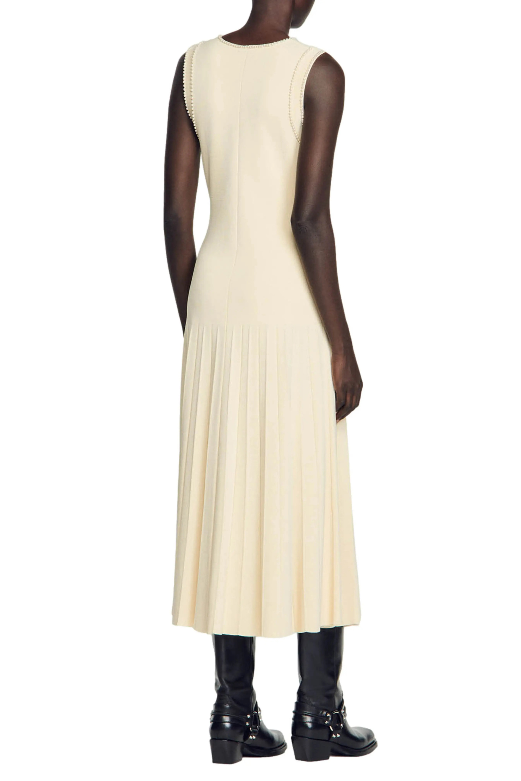 Faux Pearl Jersey Round Neck Midi Dress