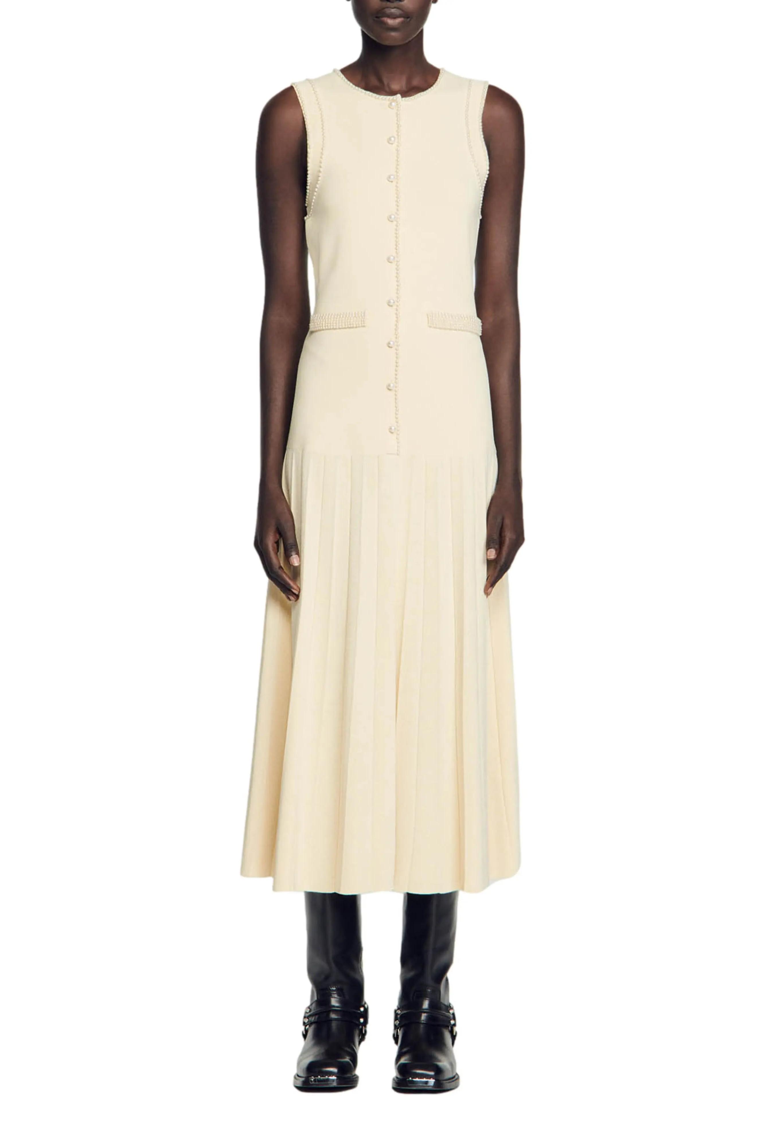 Faux Pearl Jersey Round Neck Midi Dress