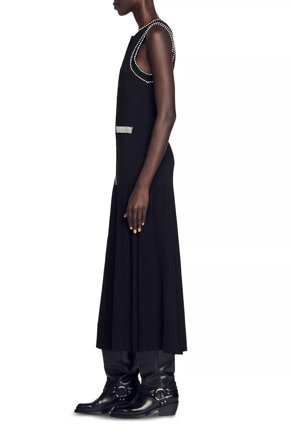 Faux Pearl Jersey Round Neck Midi Dress