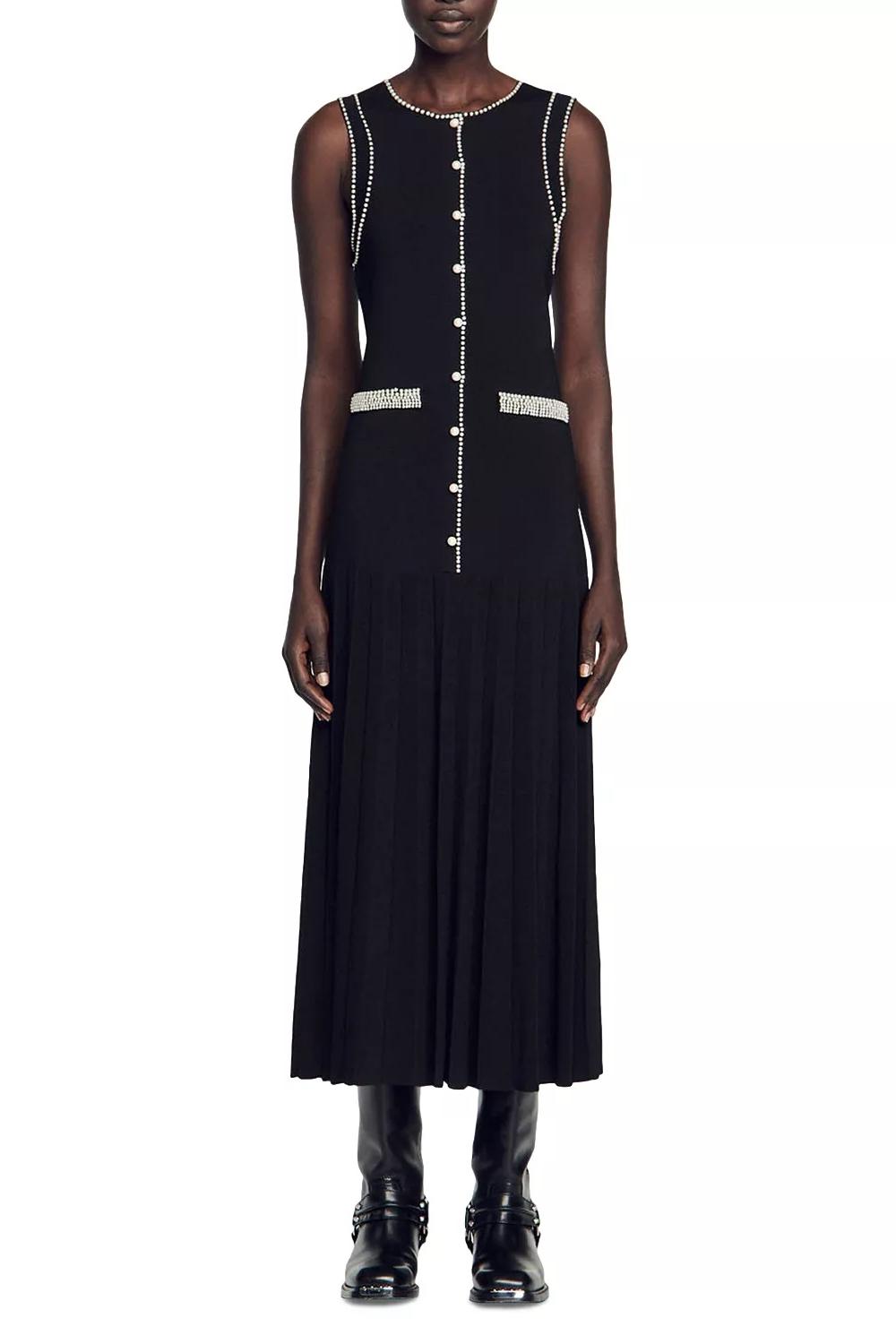 Faux Pearl Jersey Round Neck Midi Dress