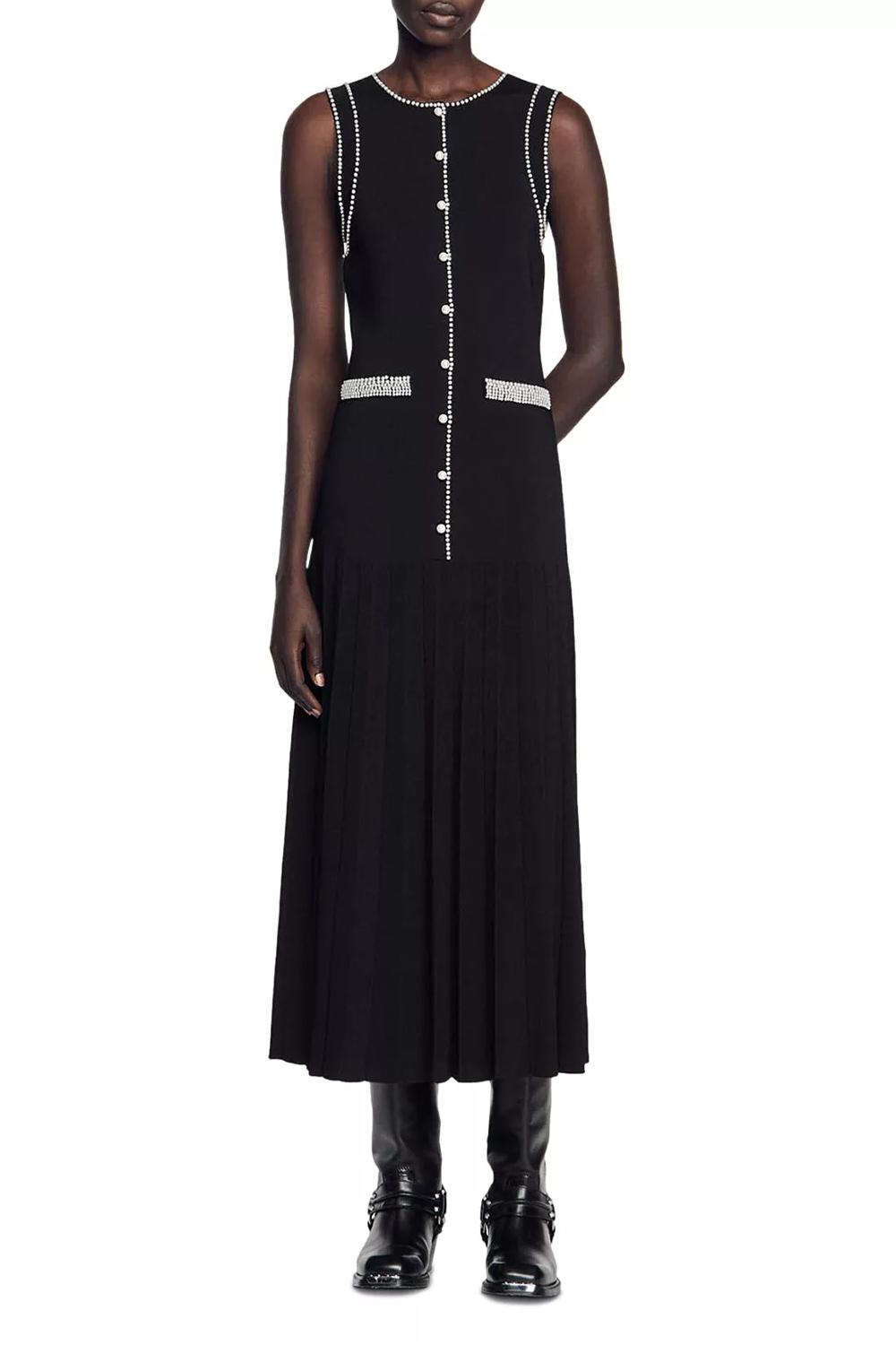 Faux Pearl Jersey Round Neck Midi Dress