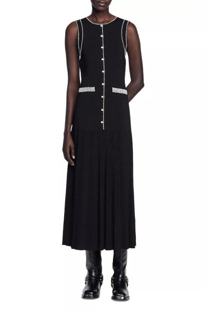 Faux Pearl Jersey Round Neck Midi Dress