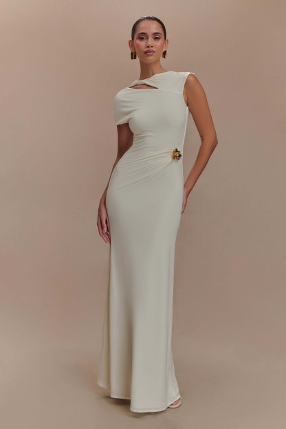 Metal Flower Cut-Out Gathering Maxi Dress