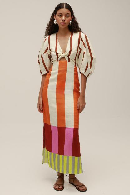Stripe Knotted Mid Sleeve Maxi Dress