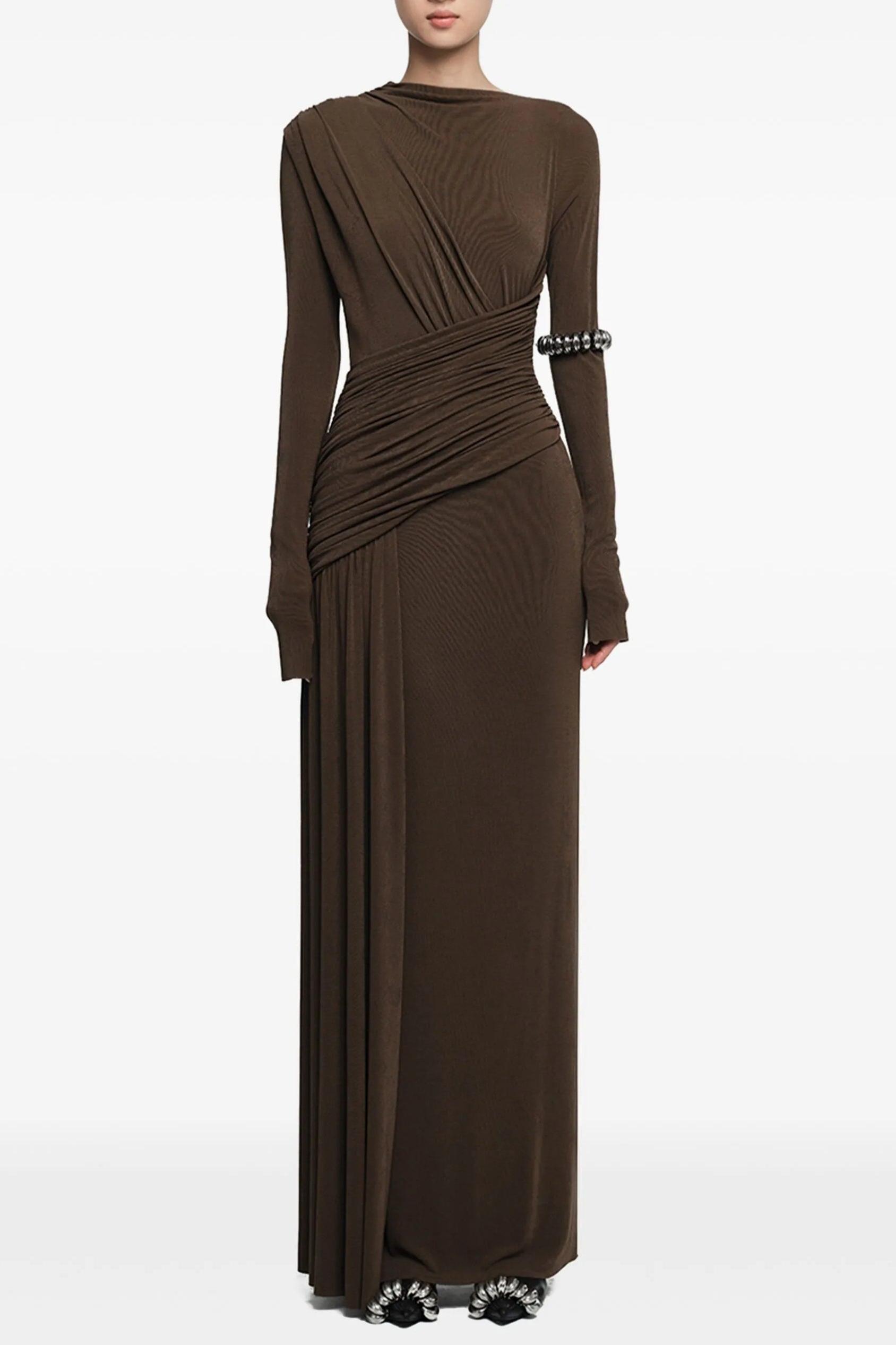 Jersey Gathering Long Sleeve Maxi  Dress