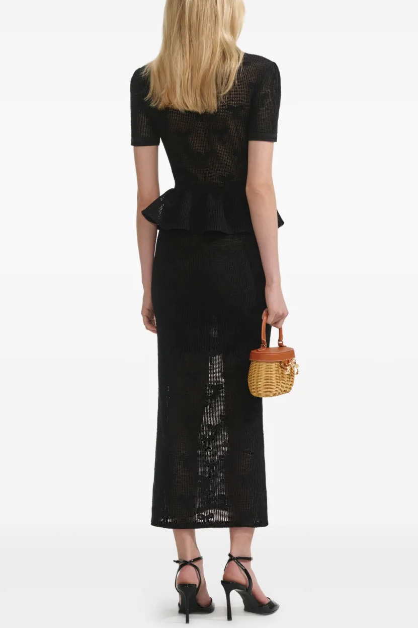 Metal Button Ruffle Top & Hight Waist Midi Skirt Set