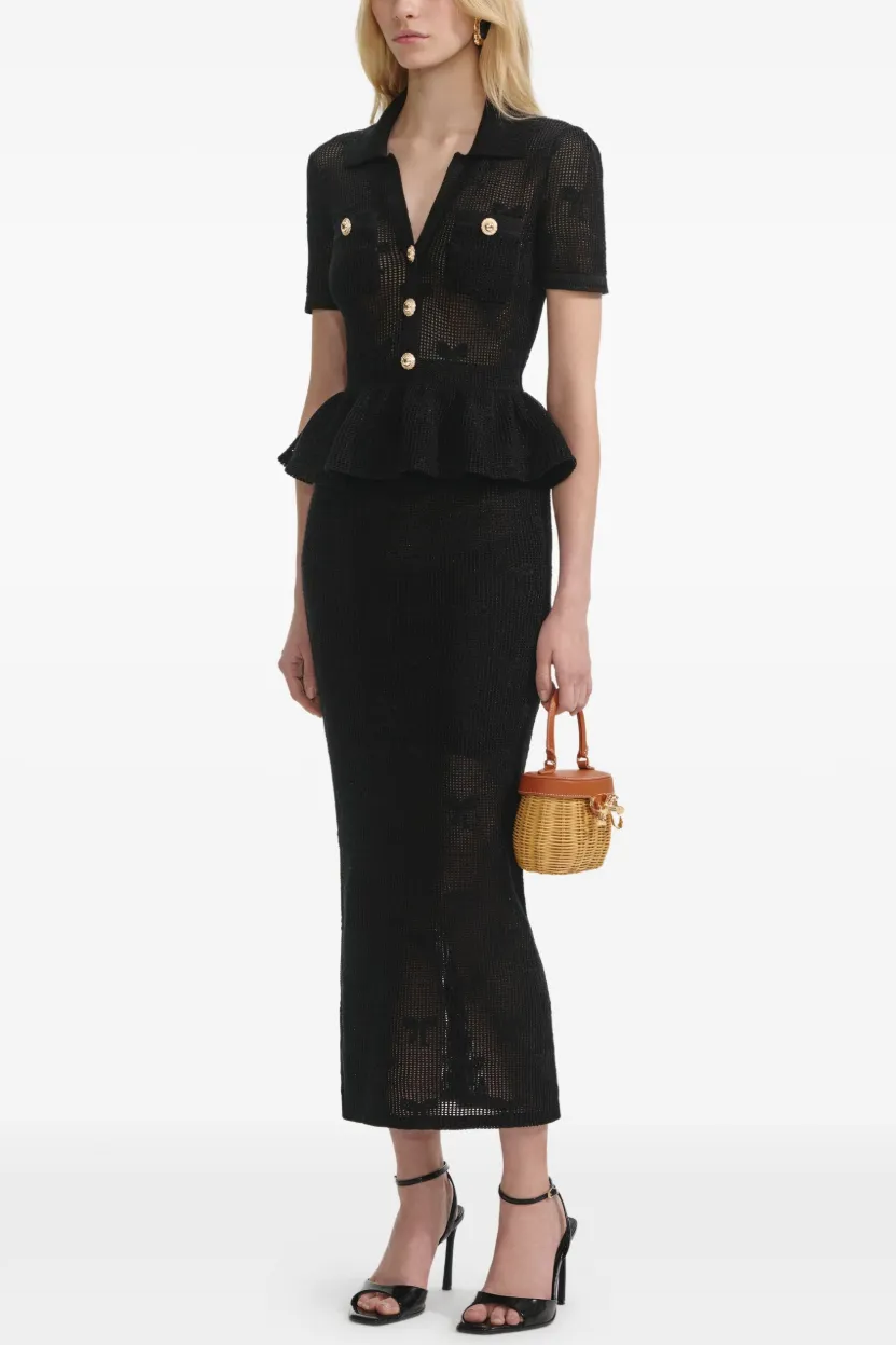 Metal Button Ruffle Top & Hight Waist Midi Skirt Set