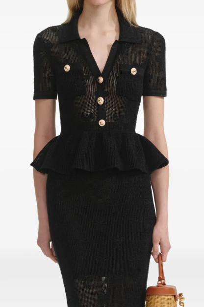 Metal Button Ruffle Top & Hight Waist Midi Skirt Set