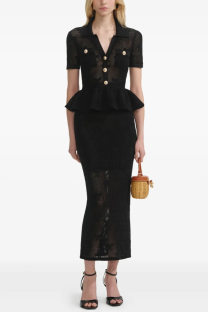 Metal Button Ruffle Top & Hight Waist Midi Skirt Set