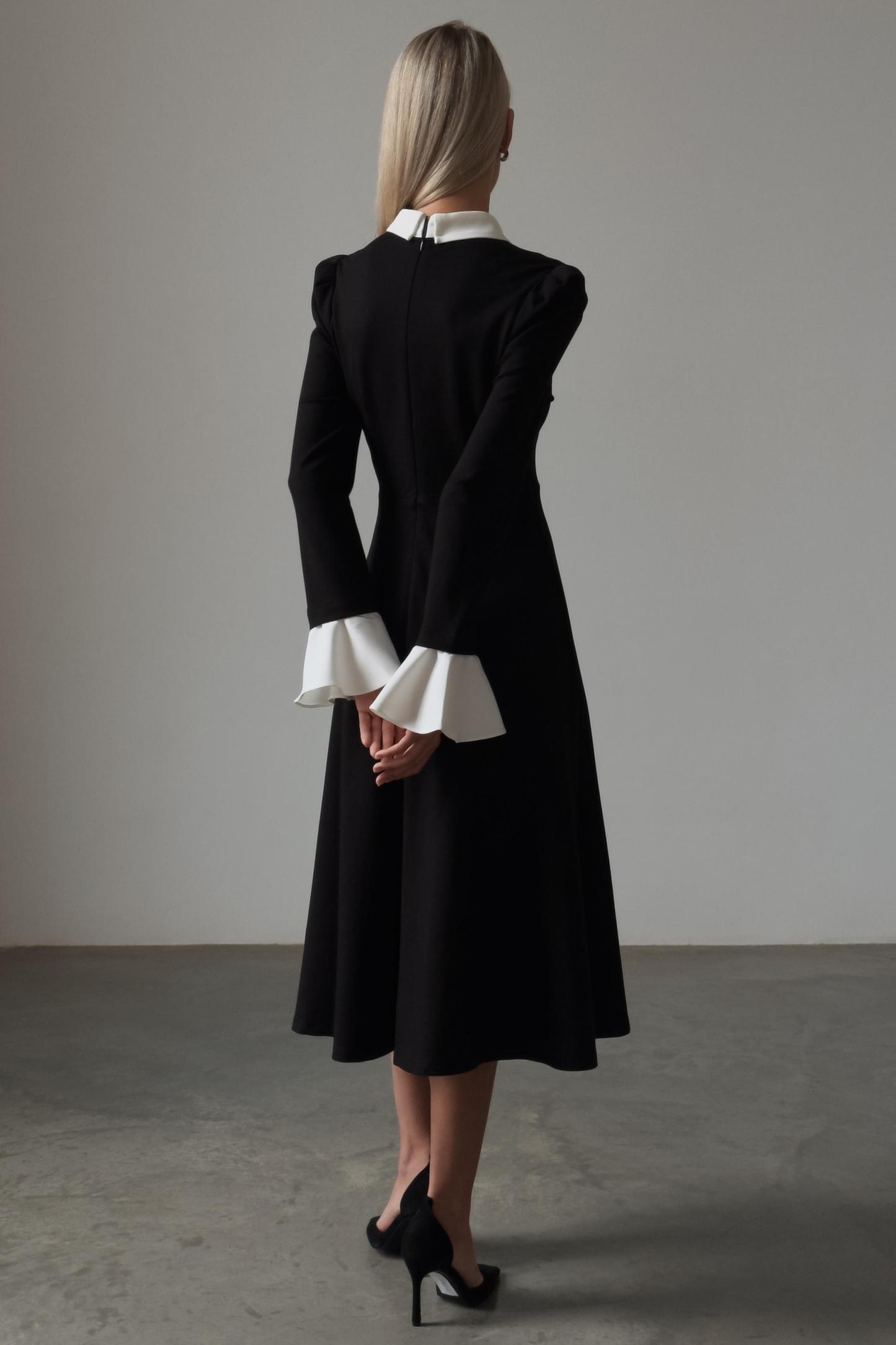 Contrast Color Splicing Bell Sleeve Midi Dress