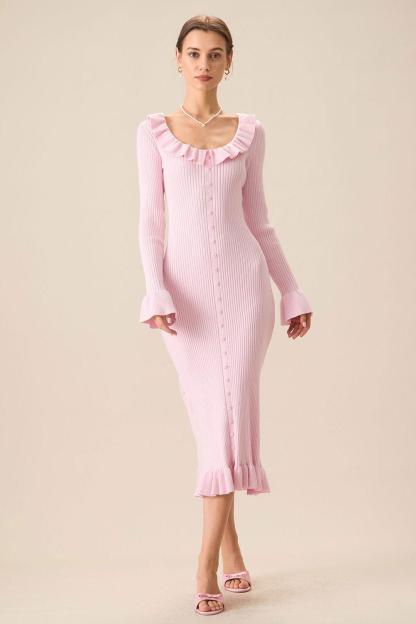 Knit Single Breasted Frill Midi Dress