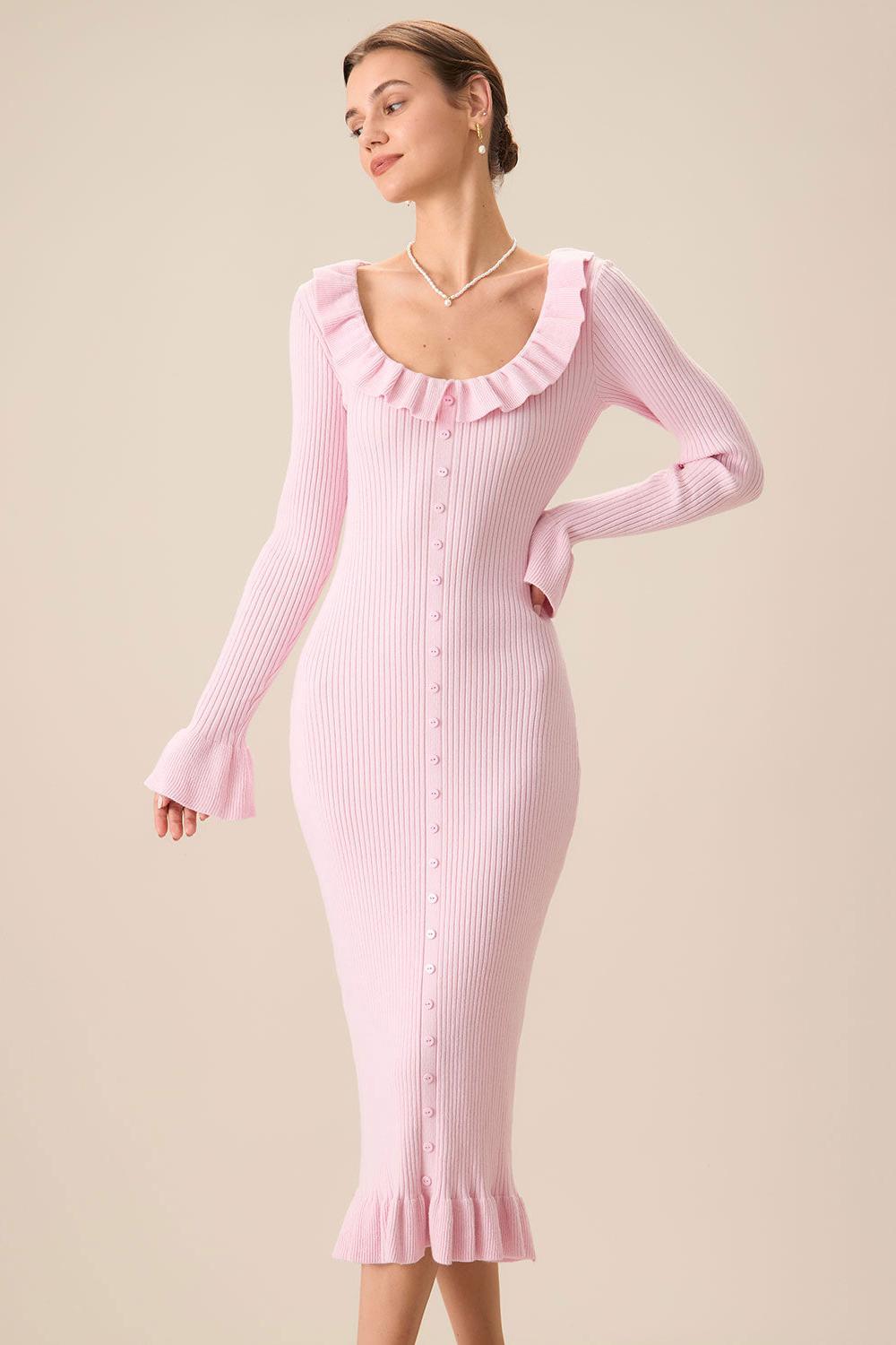 Knit Single Breasted Frill Midi Dress