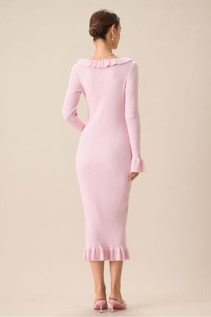 Knit Single Breasted Frill Midi Dress