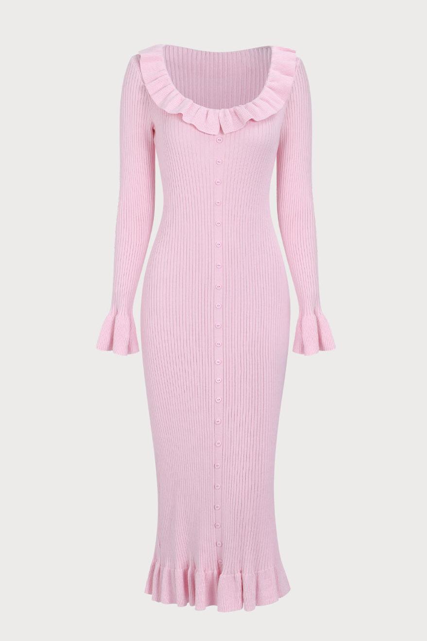 Knit Single Breasted Frill Midi Dress