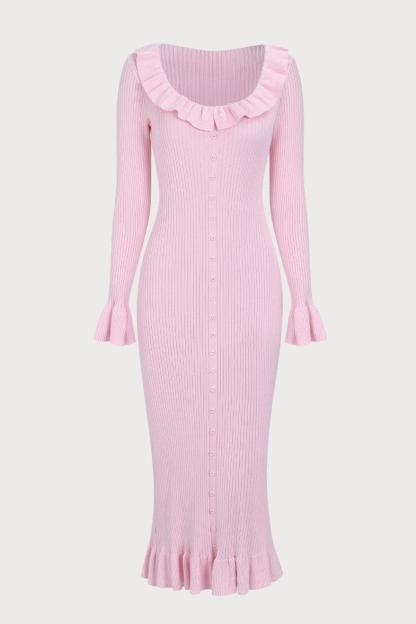 Knit Single Breasted Frill Midi Dress