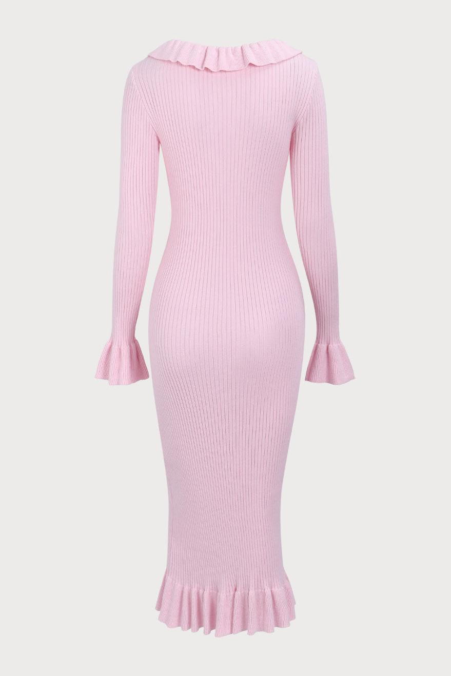 Knit Single Breasted Frill Midi Dress