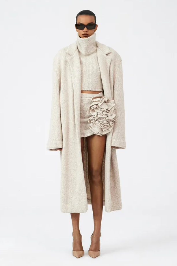 Knit Long Sleeve Coat & High Neck Top & 3D Flower Mini Skirt