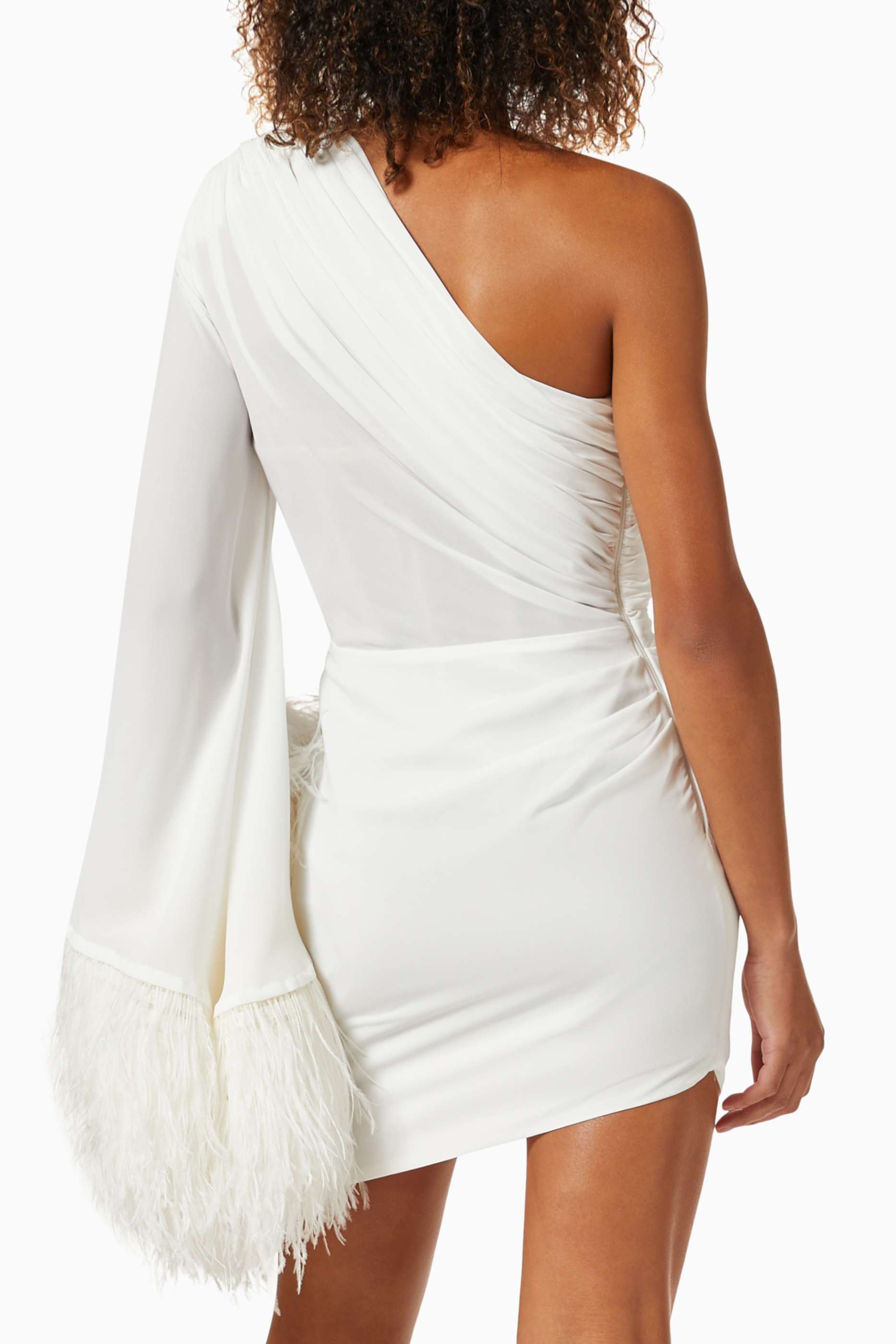 Feather Splicing One-Shoulder Bell Sleeve Mini Dress
