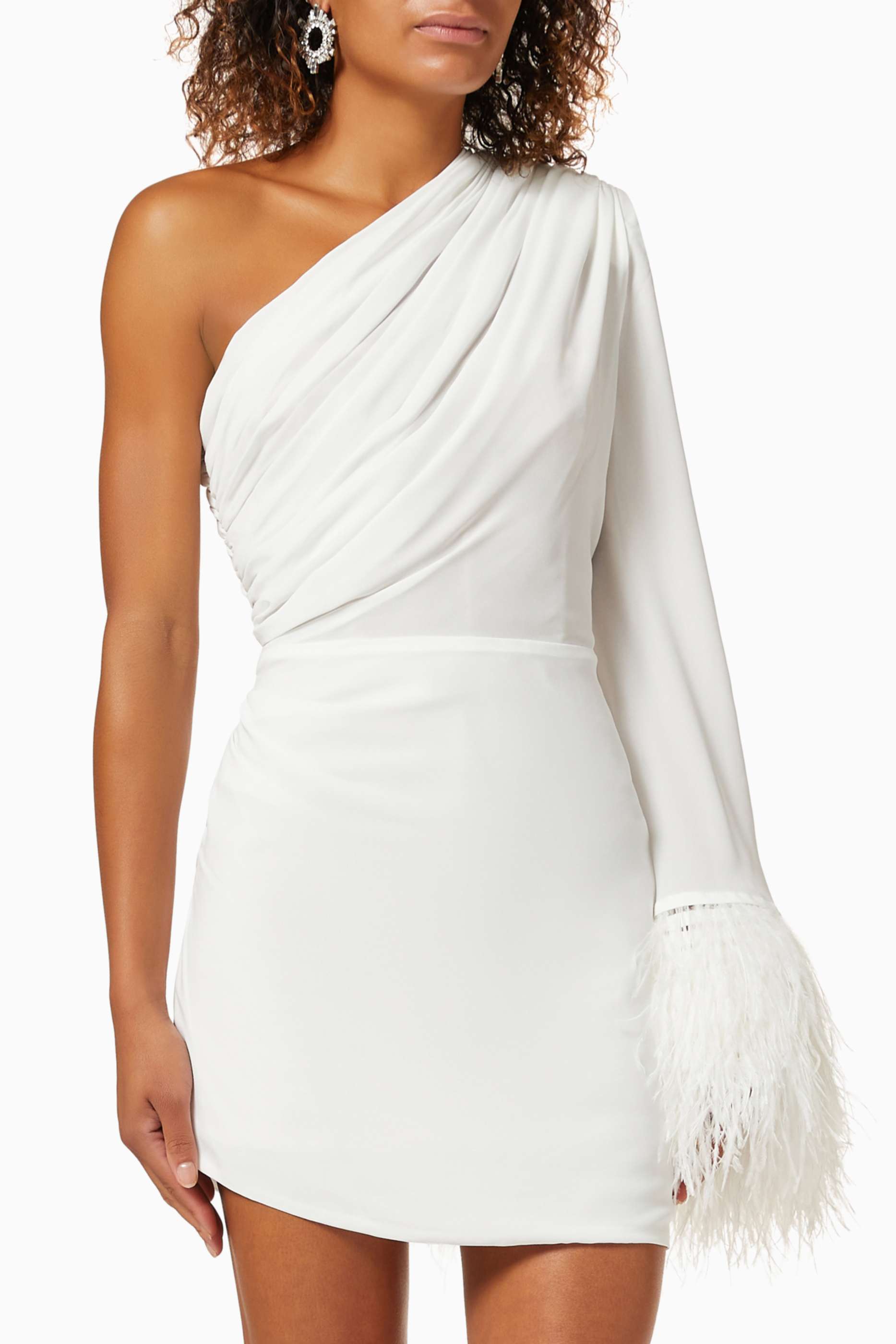 Feather Splicing One-Shoulder Bell Sleeve Mini Dress