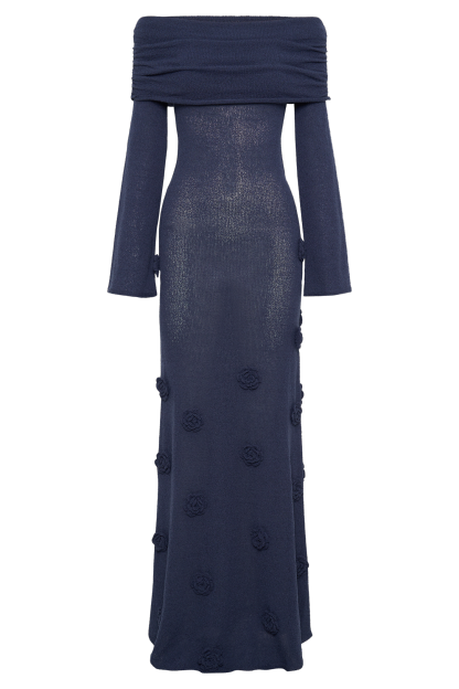 Knit Off-Shoulder 3D Flower Maxi Dress
