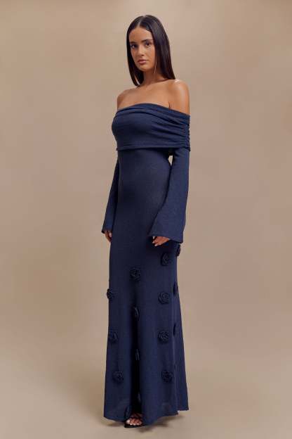 Knit Off-Shoulder 3D Flower Maxi Dress