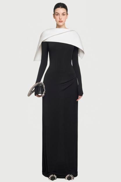 Jersey Contrast Color Long Sleeve Midi Dress With Cape