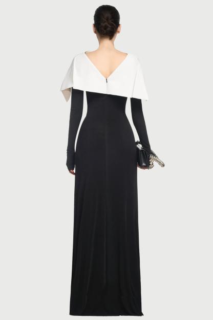 Jersey Contrast Color Long Sleeve Midi Dress With Cape