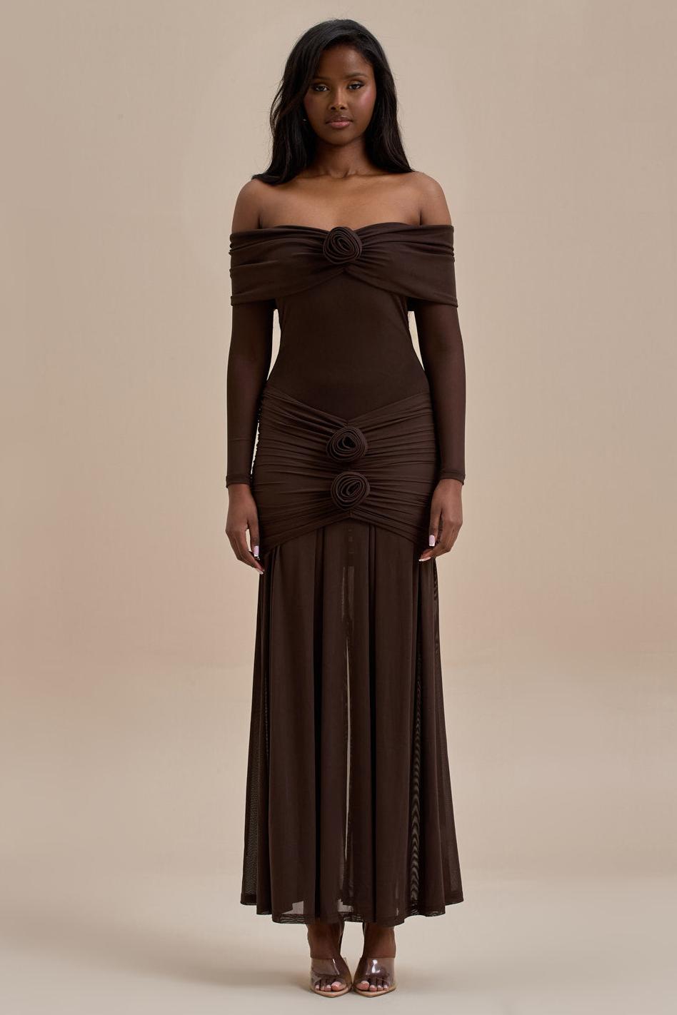 3D Flower Off-Shoulder Gathering Midi Dress