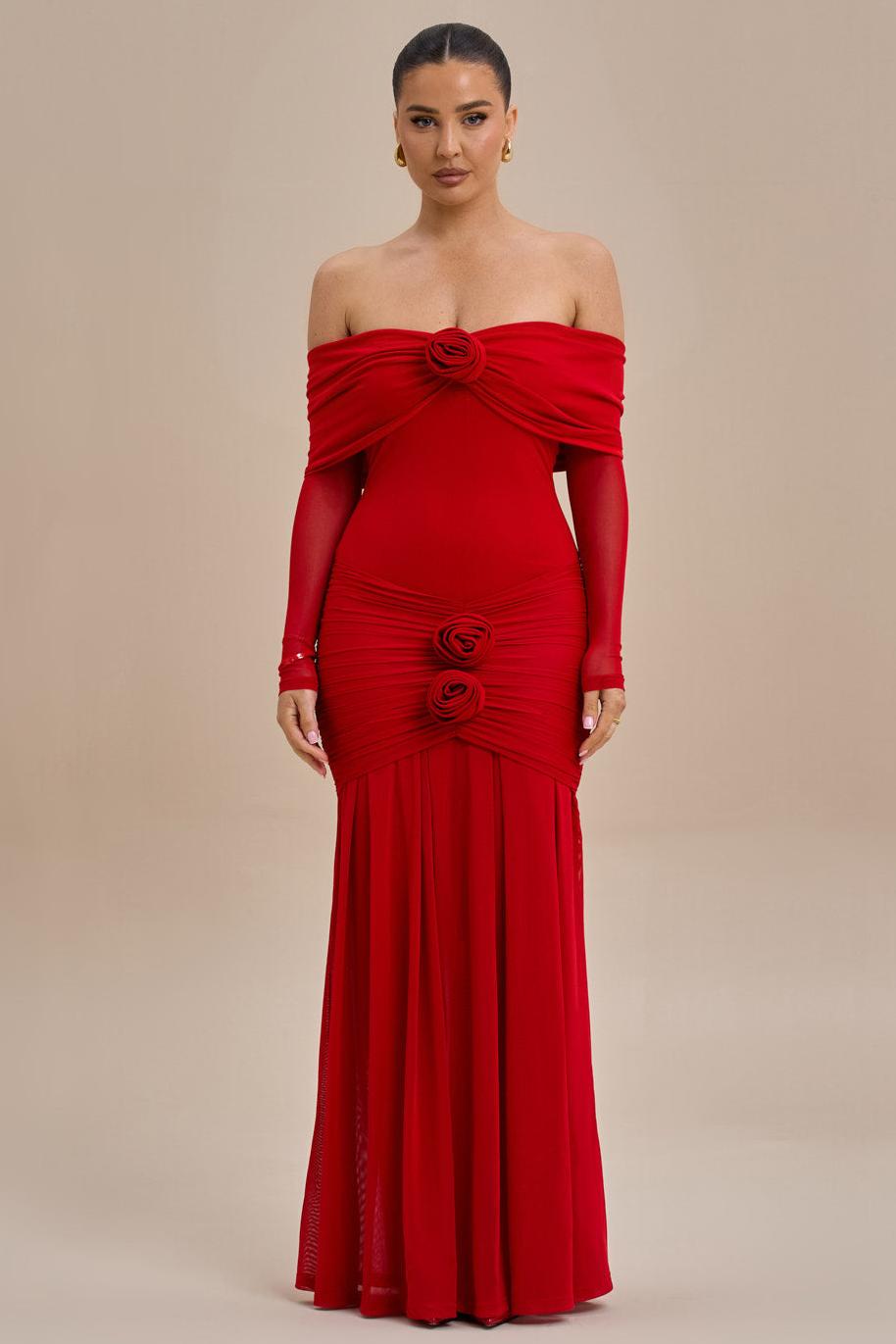 3D Flower Off-Shoulder Gathering Midi Dress