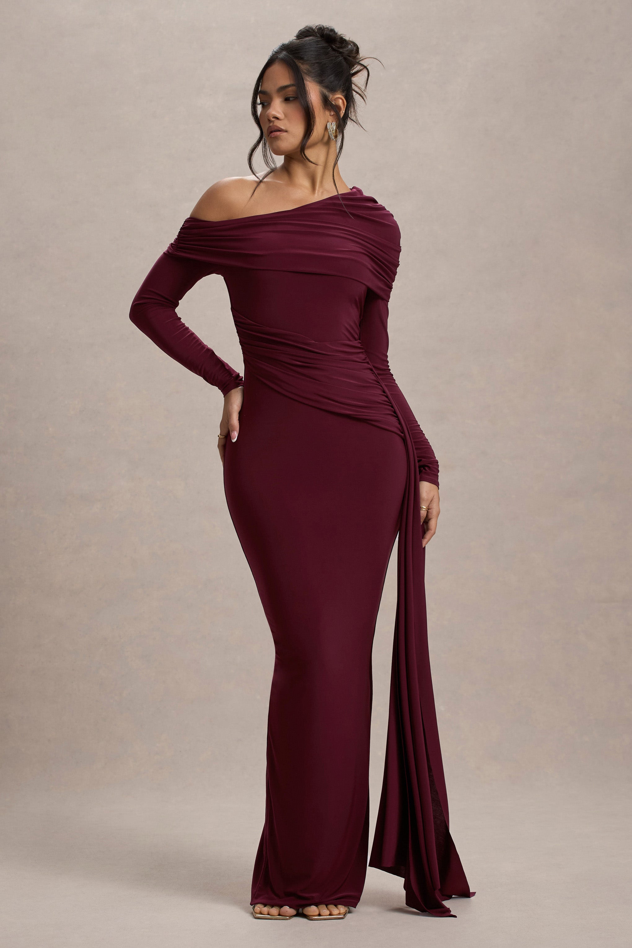 Skew Collar Solid Jersey Long Sleeve Maxi Dress