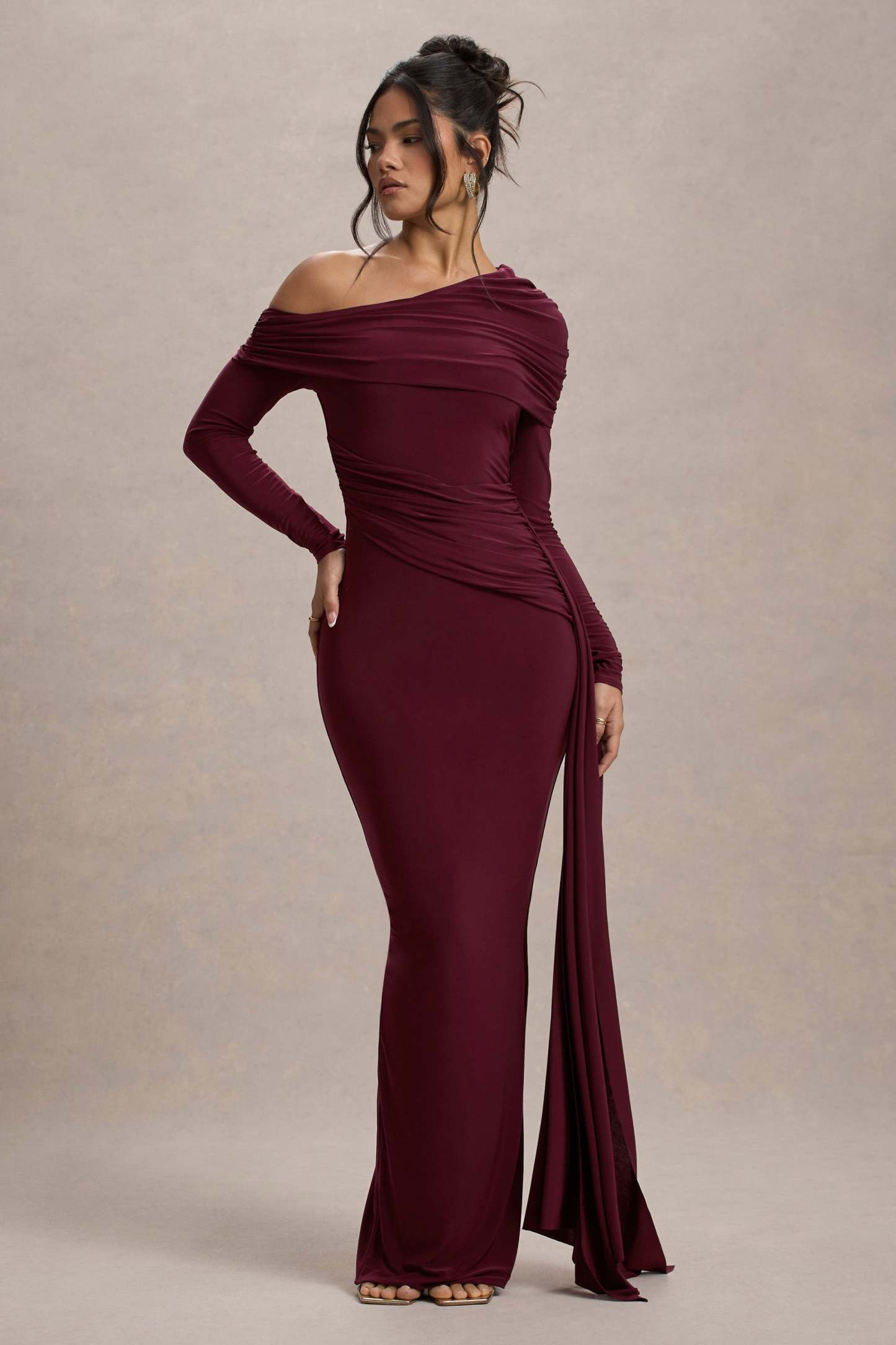 Skew Collar Solid Jersey Long Sleeve Maxi Dress
