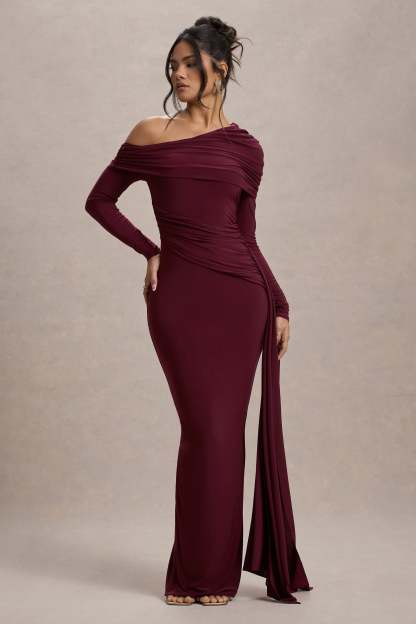 Skew Collar Solid Jersey Long Sleeve Maxi Dress