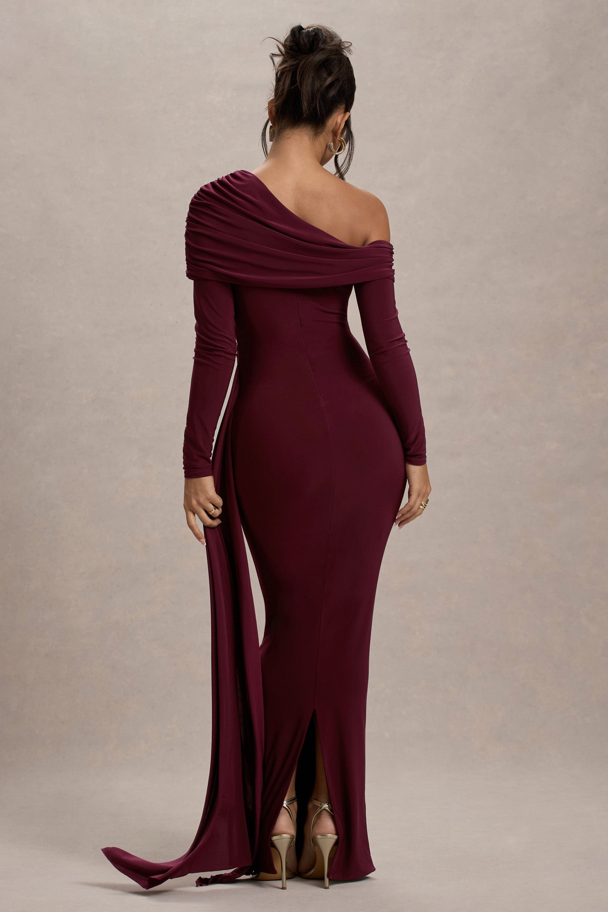 Skew Collar Solid Jersey Long Sleeve Maxi Dress