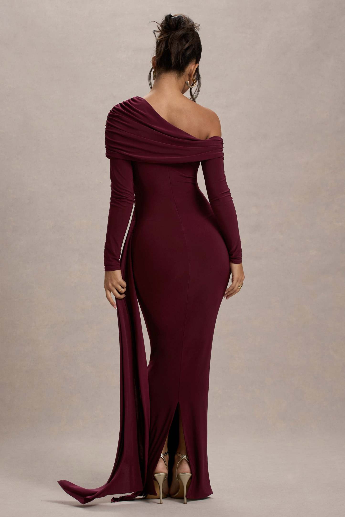 Skew Collar Solid Jersey Long Sleeve Maxi Dress