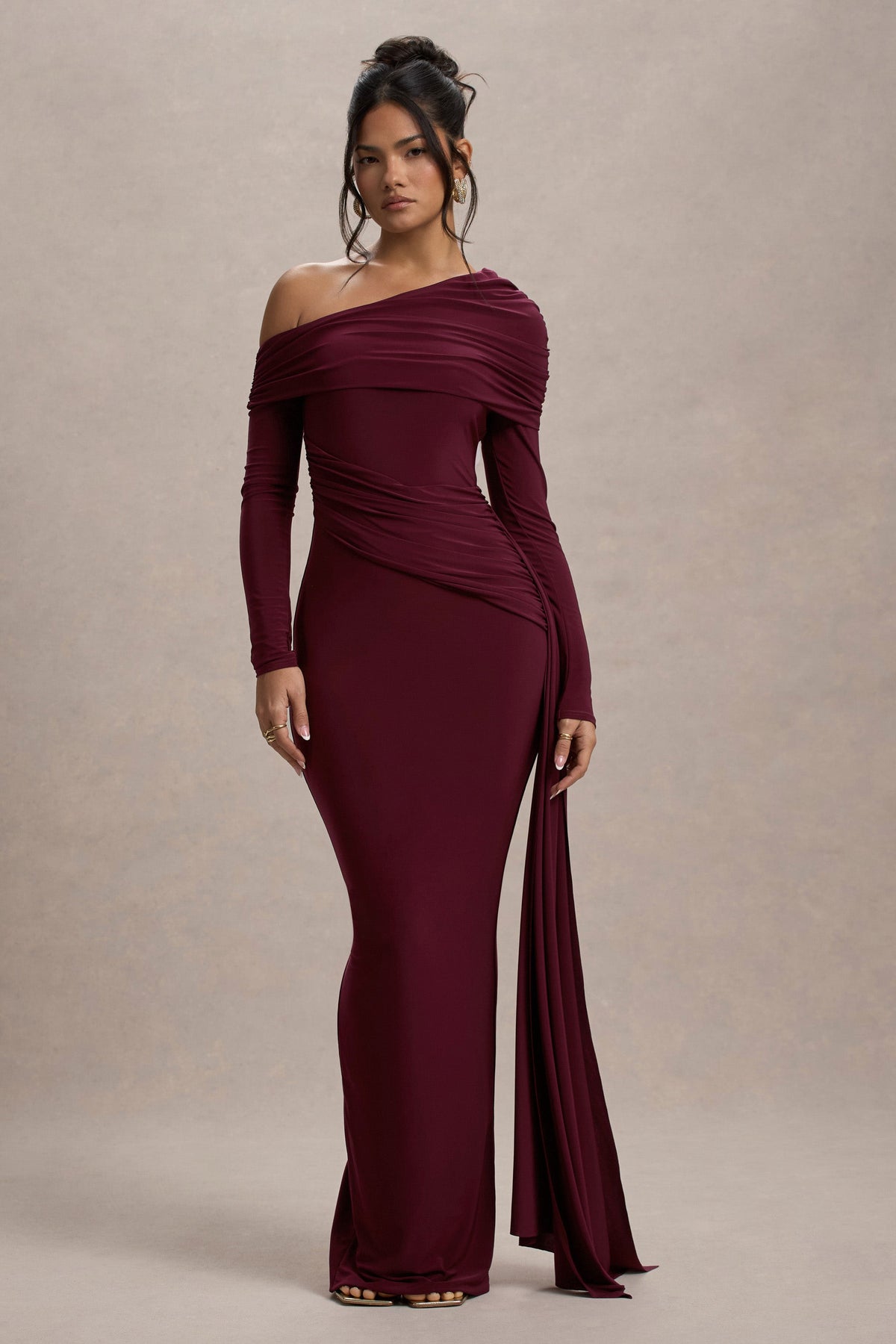 Skew Collar Solid Jersey Long Sleeve Maxi Dress