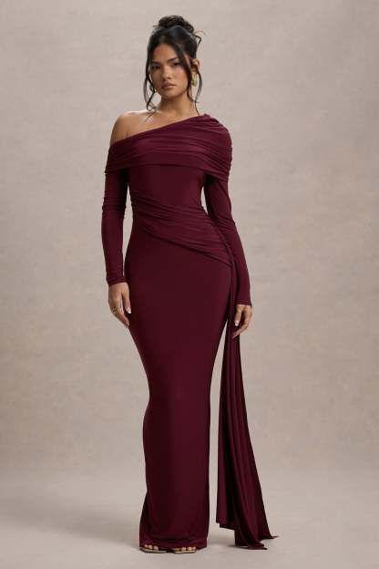Skew Collar Solid Jersey Long Sleeve Maxi Dress