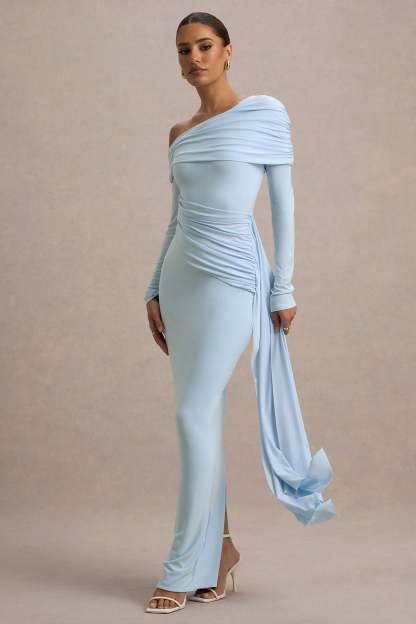 Skew Collar Solid Jersey Long Sleeve Maxi Dress