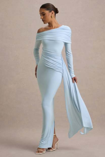 Skew Collar Solid Jersey Long Sleeve Maxi Dress