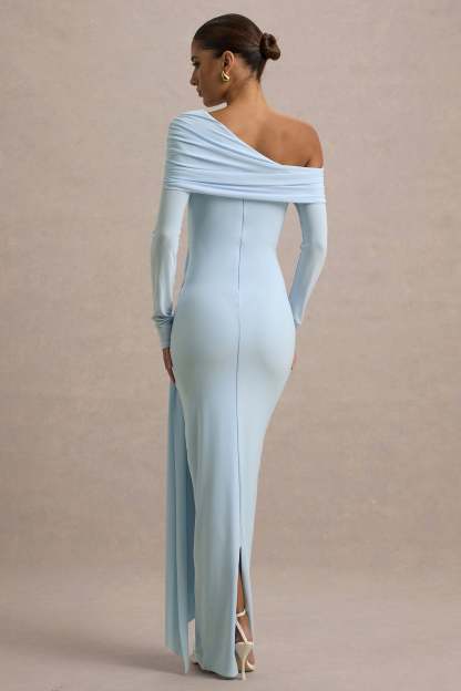 Skew Collar Solid Jersey Long Sleeve Maxi Dress
