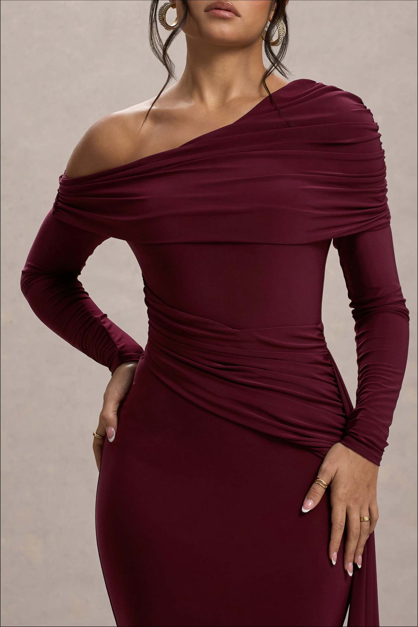 Skew Collar Solid Jersey Long Sleeve Maxi Dress