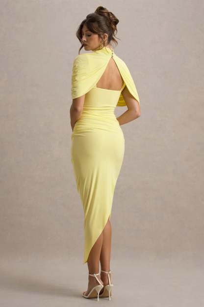 Lemon Asymmetric Twisted Cape Midi Dress
