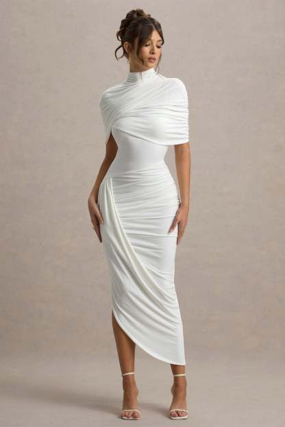 Lemon Asymmetric Twisted Cape Midi Dress