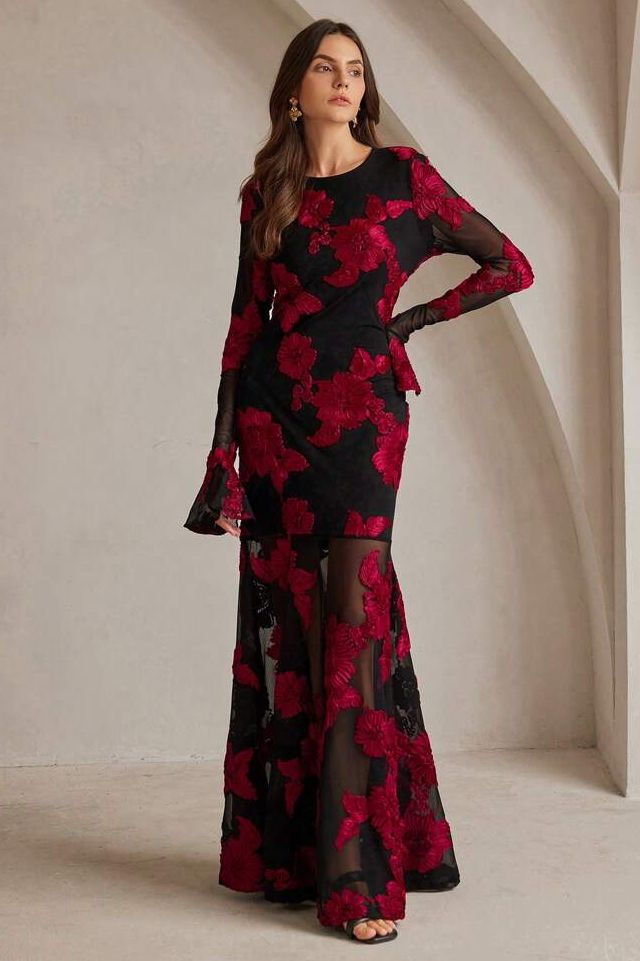 Embroidered Bell Sleeve Backless Midi Dress