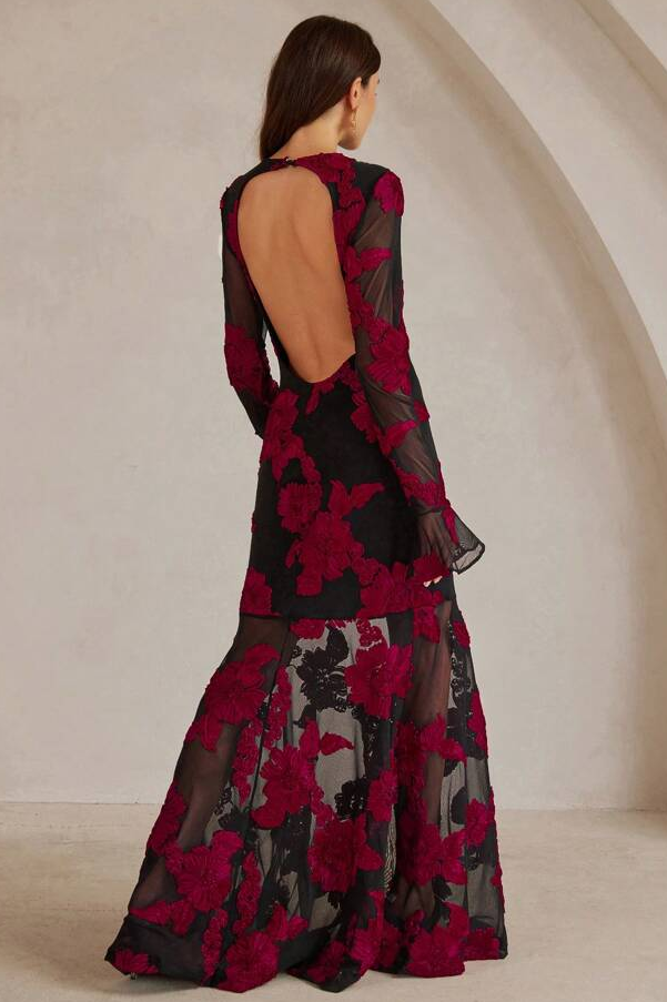 Embroidered Bell Sleeve Backless Midi Dress