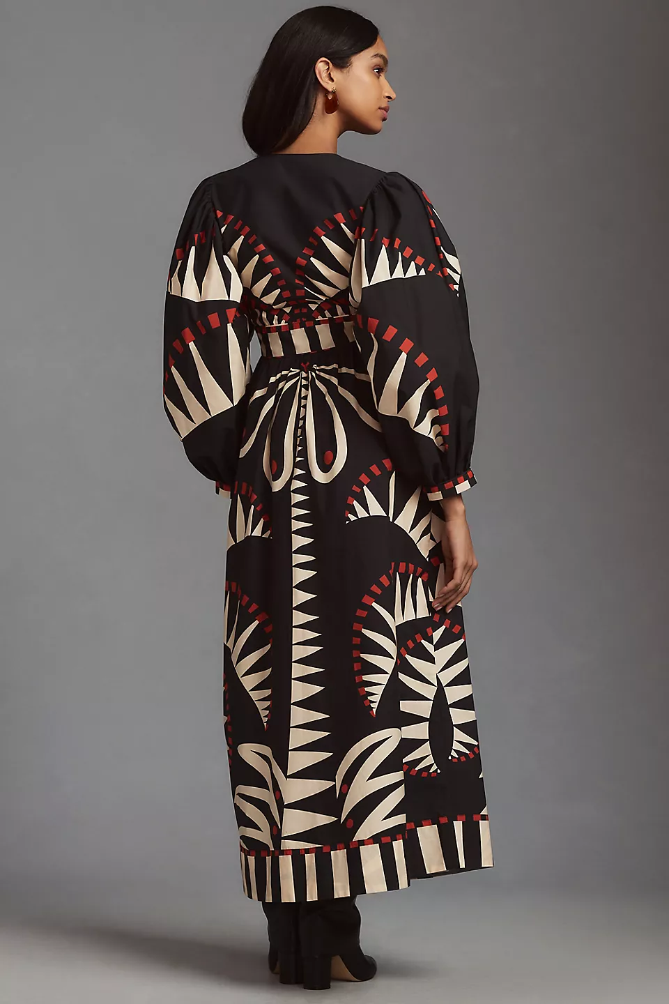 Single Breasted Puff-Sleeve V-Neck Midi Dress