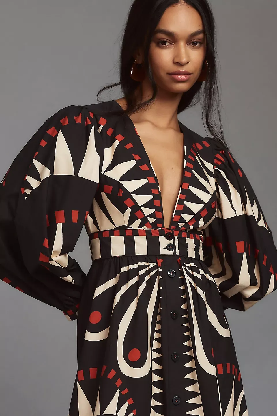 Single Breasted Puff-Sleeve V-Neck Midi Dress