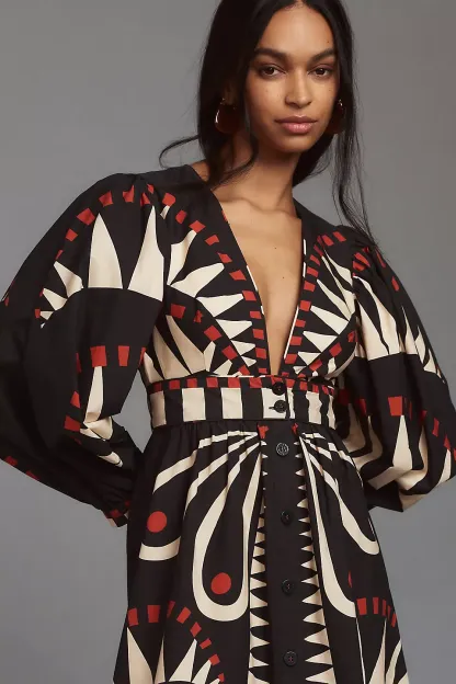 Single Breasted Puff-Sleeve V-Neck Midi Dress