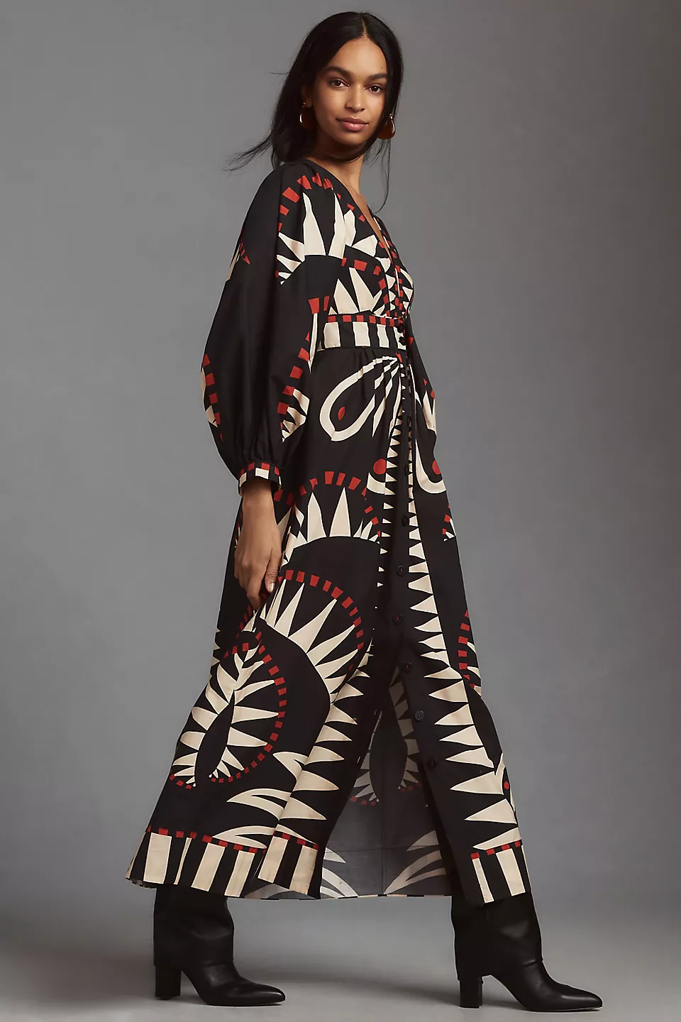 Single Breasted Puff-Sleeve V-Neck Midi Dress