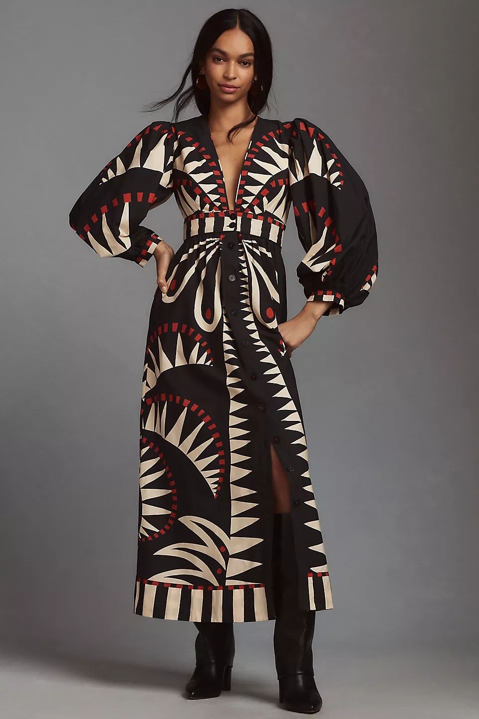 Single Breasted Puff-Sleeve V-Neck Midi Dress